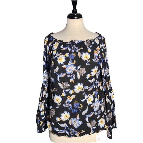 White House Black Market Off the Shoulder Bell Sleeve Black Floral Blouse Small - Picture 1 of 6